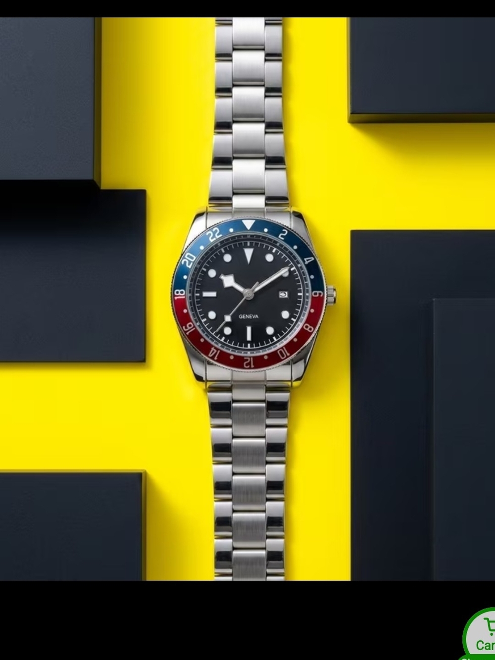 Geneva Men's Steel Watch with Black Dial and Red & Blue Bezel
